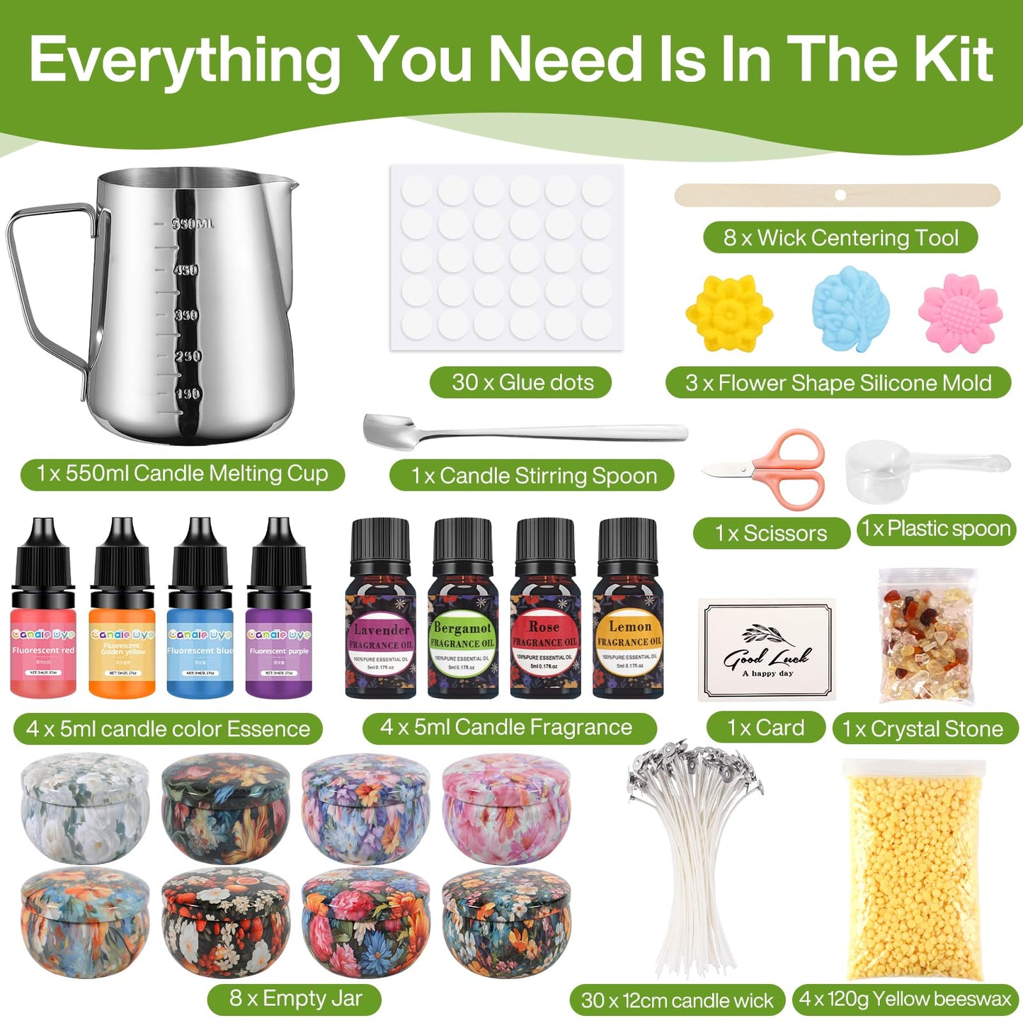 DIY Candle Making Kit, Candle Making Set, Includes 480g Soy Wax, 8 Candle Jars, 4 Color Dyes, and 4 Scents, Candle Making Kit for Adult Beginners