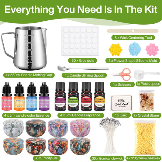DIY Candle Making Kit, Candle Making Set, Includes 480g Soy Wax, 8 Candle Jars, 4 Color Dyes, and 4 Scents, Candle Making Kit for Adult Beginners
