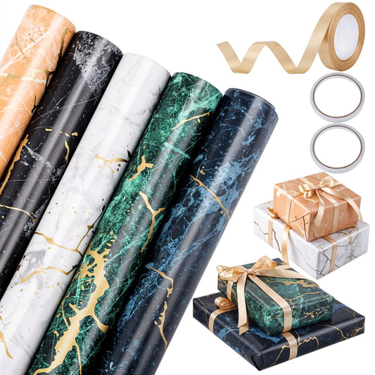 Woric 5-Roll Gift Wrap Set, 43cm x 3m Marble Gift Wrapping Paper Birthday Gift Wrap Roll with Gold Ribbon for Birthday Wedding Baby Shower (5 Designs)