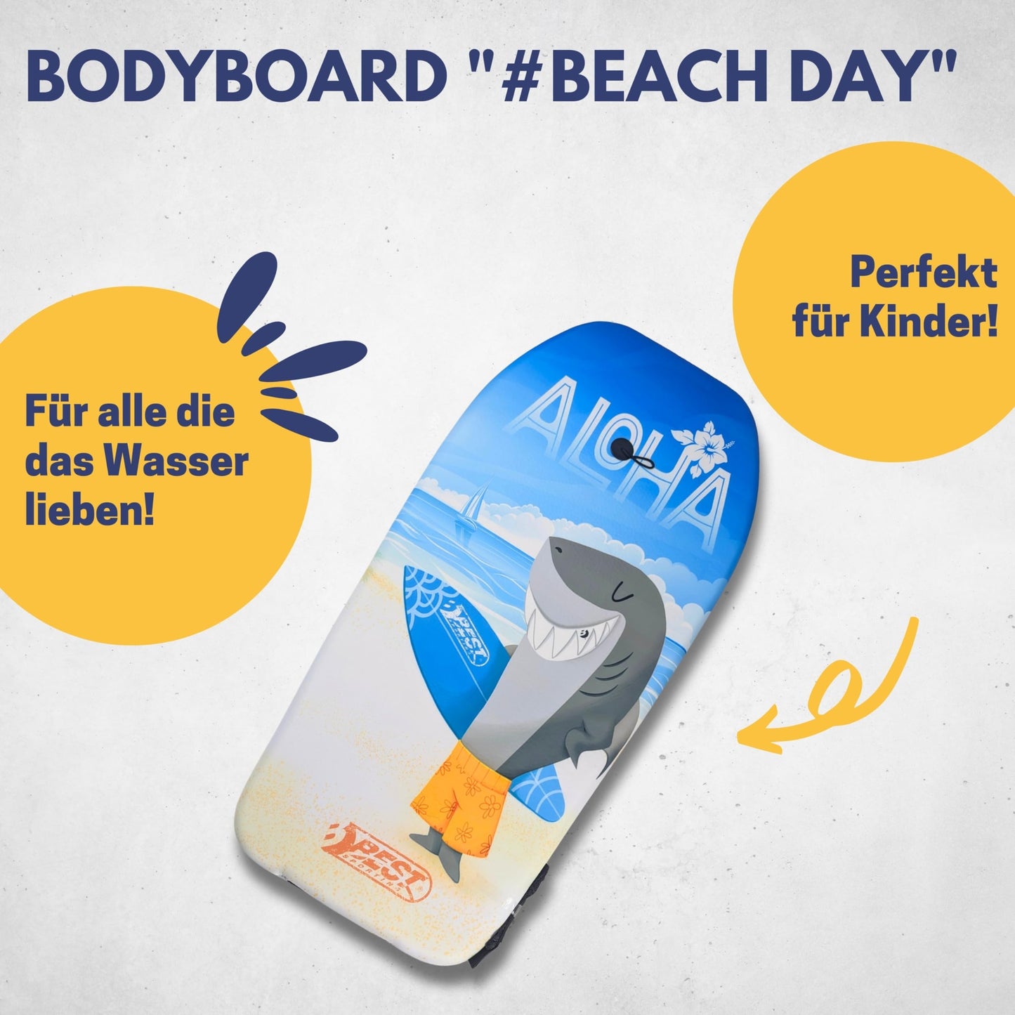 BEST SPORTING Bodyboard Kids - Lightweight surfboard for beach, ocean & pool | 92 x 46 x 5 cm | Various designs available | Includes leash for secure grip (Aloha)