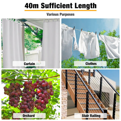 40m 2mm wire rope, CGBOOM 304 stainless steel wire rope tensioner, steel wire coated, with eyelets cable tensioning set, for climbing plants trellis, clothesline, curtain wire, lights, deck cable railing