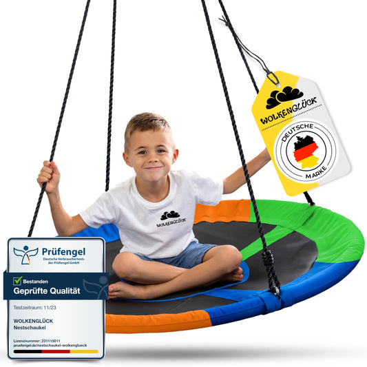 WOLKENGLÜCK® Nest Swing [Ø 110 cm] - Height-adjustable swing for outdoor & indoor use for children and adults [up to 150 kg] - Includes mounting accessories - Swing for kids (Colorful)