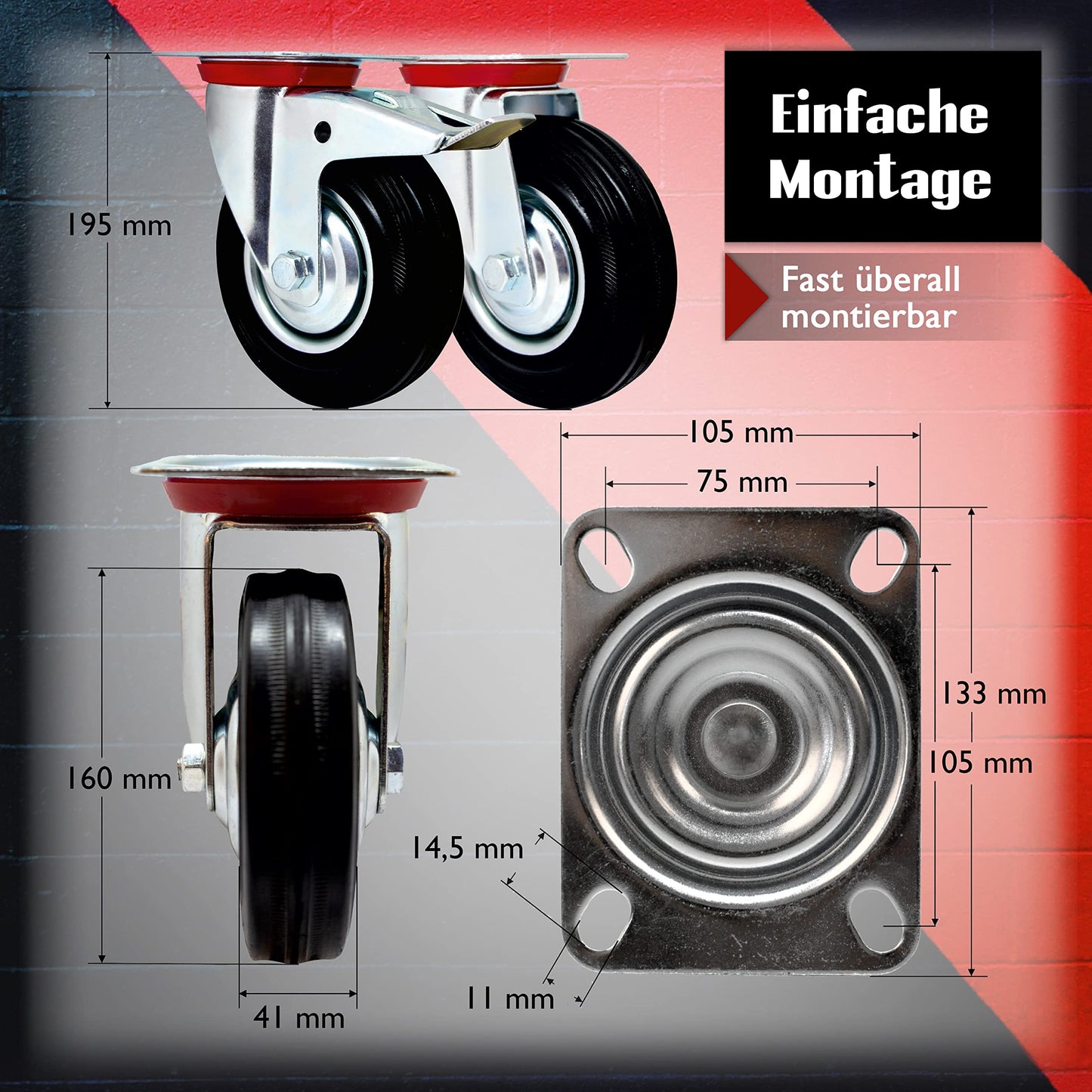 PRIOstahl Heavy Duty Caster Set 4 x 160mm with Brake up to 560kg Load Capacity Solid Rubber Swivel Casters Industrial Wheels for Workshop, Workbench, Tool Cart or Dolly.