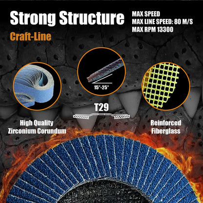 Merryland flap disc 115 steel stainless steel for angle grinder, 115mm 80G T29 flap disc zirconia corundum blue sanding disc 20 pieces, Craft-Line FC1107414-20