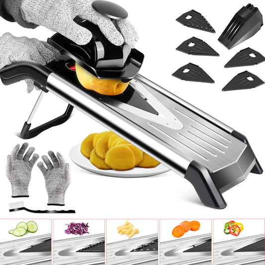MASTERTOP Mandoline Vegetable Slicer with V-Blade, 5 in 1 Vegetable Cutter Vegetable Grater Stainless Steel, Cucumber Slicer Thin Slices, Adjustable V-Slicer Kitchen Slicer Grater for Vegetables