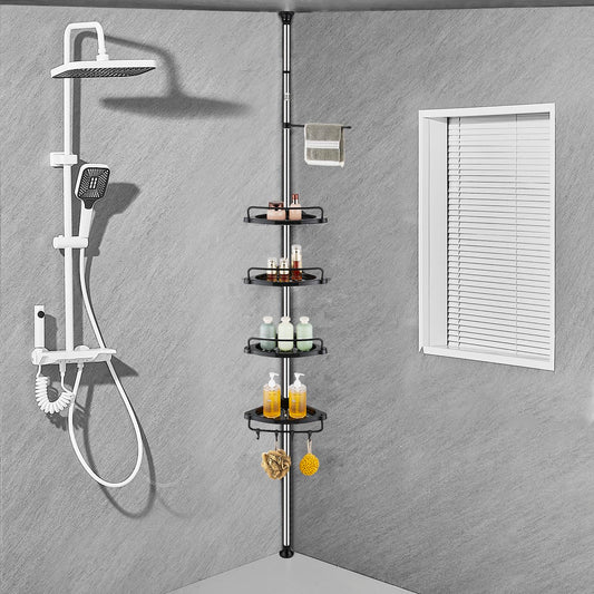 ZHUGE Telescope Shower Shelf, adjustable corner shelf for the shower with 4 shelves, 4 hooks, 1 towel bar for bathroom storage, rustproof, 70-330 cm from floor to ceiling, Black