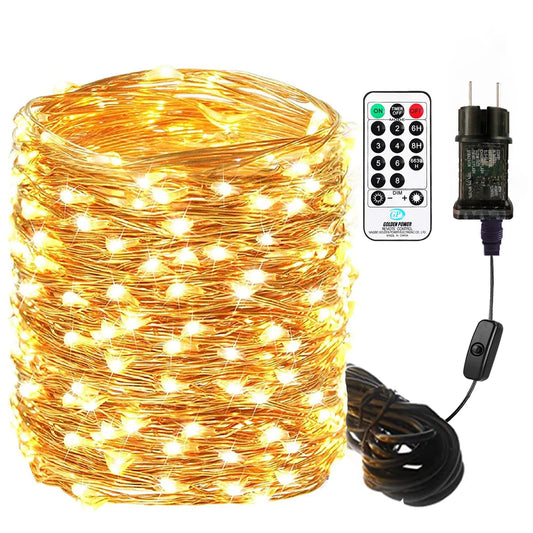 Bowfar 50M 500 LED string lights made of copper wire, waterproof and powered by electricity, with plug and remote control for indoor and outdoor decorations, Christmas, weddings, and parties in warm white color.