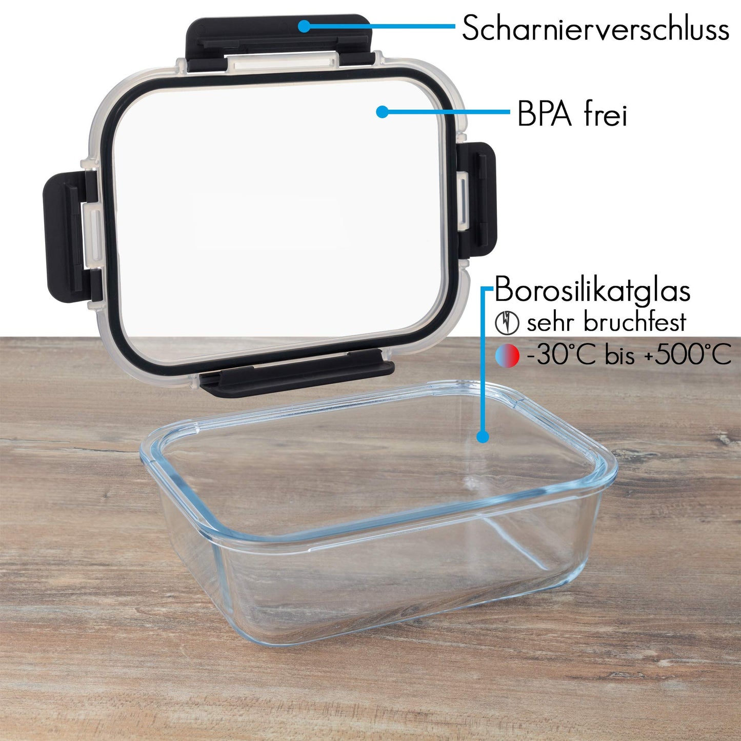 GLASWERK Meal Prep Boxes (3x 1040 ml) with one compartment, glass containers with lids, food storage containers with lids, freezer containers set, glass food storage containers, glass casserole dish with lid.