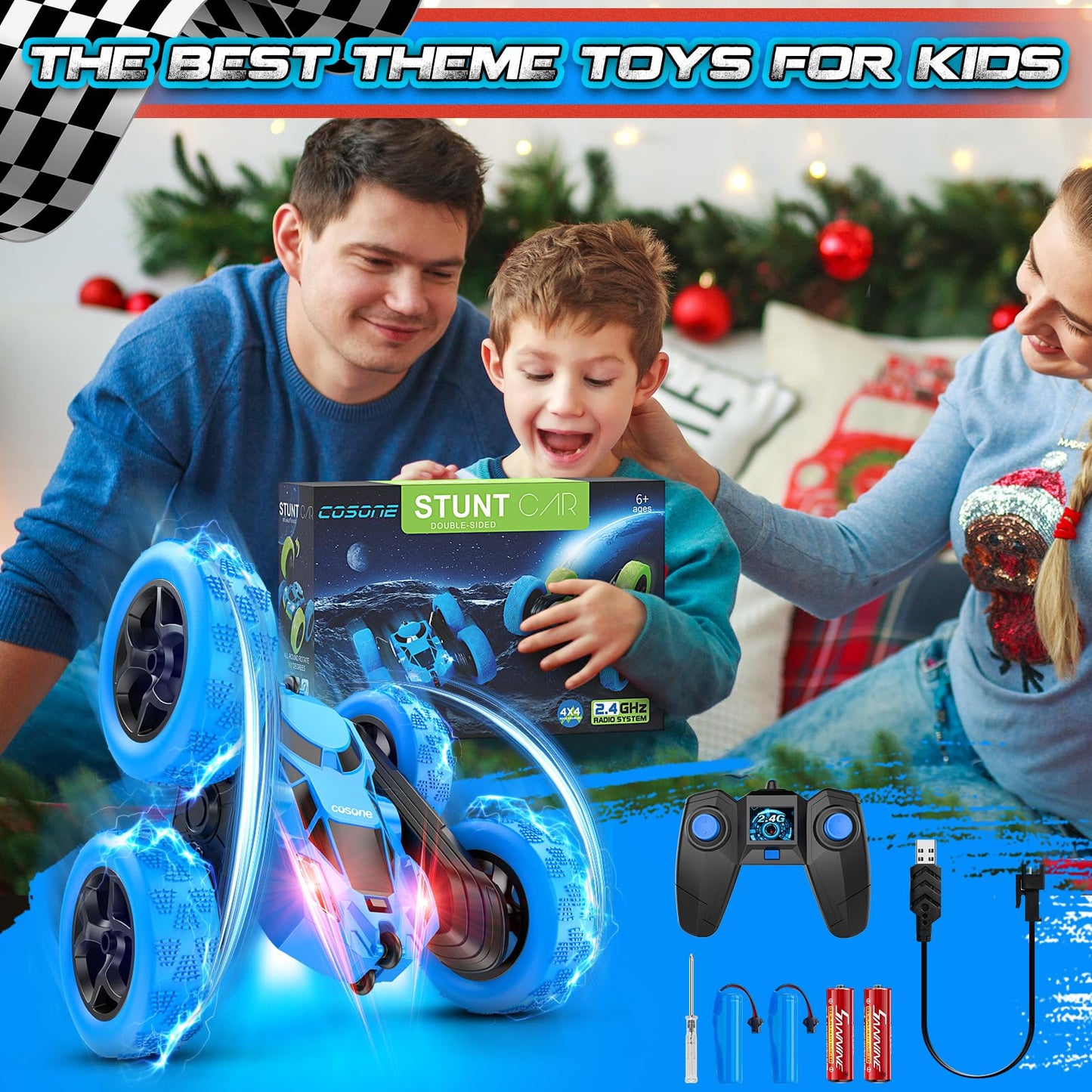 Cosone Remote Control Car, 2.4 GHz RC Cars with headlights, All-wheel Drive Off-road Stunt Car, Double-sided 360° Rotatable Car Toy, Gifts for Kids 6+ Years Old (Blue)