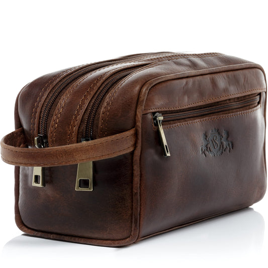 SID & VAIN large men's genuine leather toiletry bag - GATWICK washbag - brown handmade leather toiletry bag for men and women