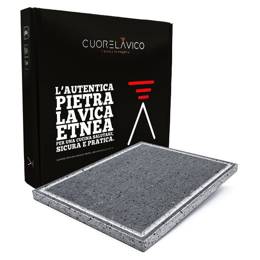 LAVIC HEART - THE ORIGINAL Italian Grilling Stone - Lava Stone, 39 x 30 x 2 cm thickness with grease drip tray, firebrick, natural, best grilling stone for pizza Made in Italy