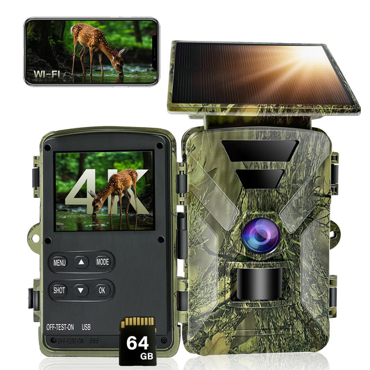 HAZA trail camera with solar panel and WiFi, 5200mAh battery, 4K HD video, Bluetooth, night vision, motion sensor, and 64GB SD card. IP66 waterproof for outdoor use. Download app for smartphone viewing.