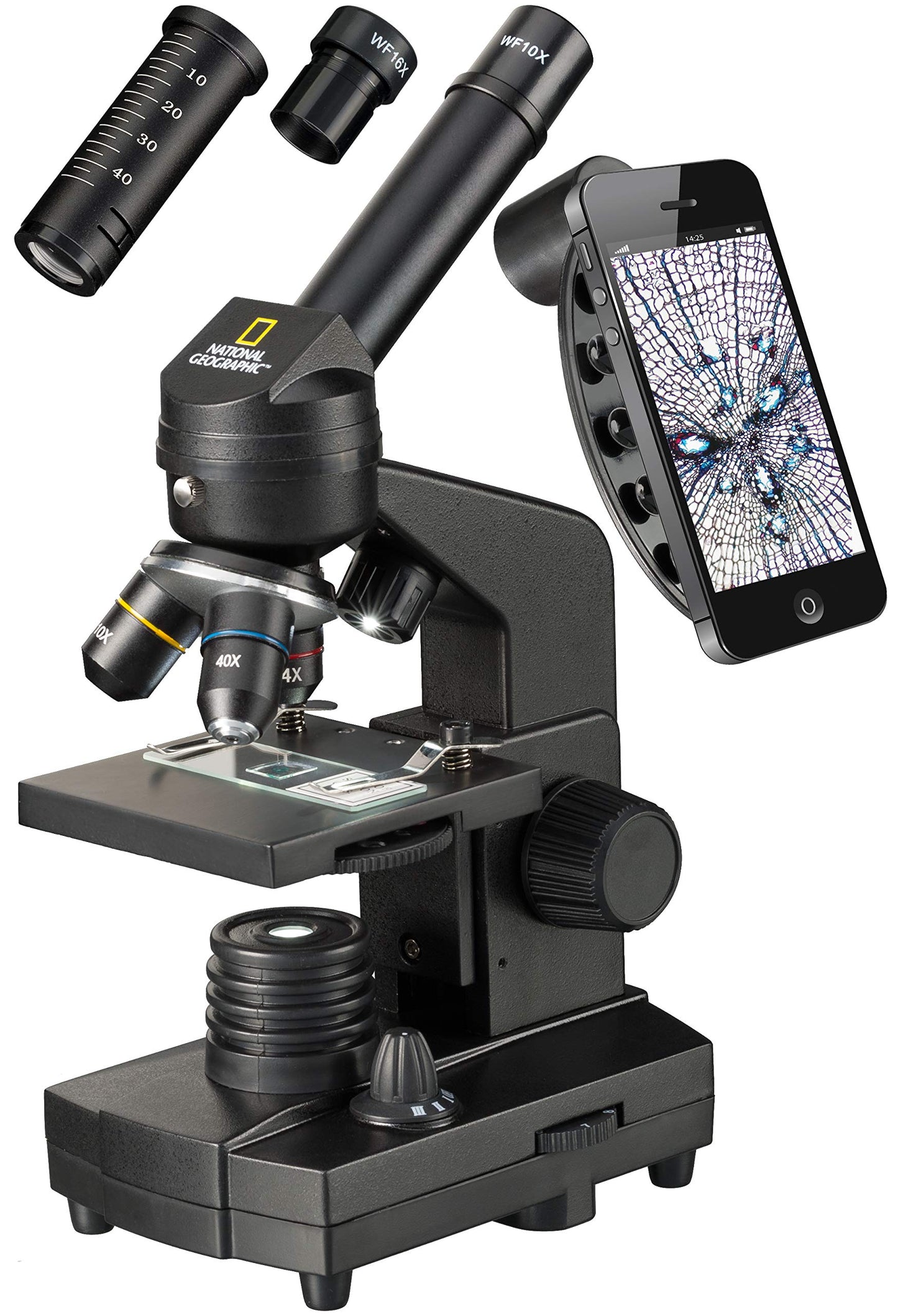 National Geographic 40-1280x microscope with incident/transmitted light illumination, smartphone holder, and extensive accessories for beginners in microscopy, black