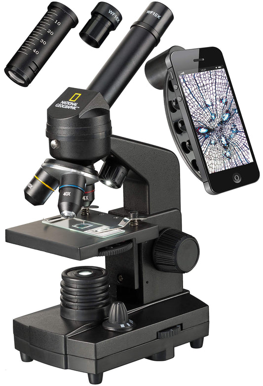 National Geographic 40-1280x microscope with incident/transmitted light illumination, smartphone holder, and extensive accessories for beginners in microscopy, black