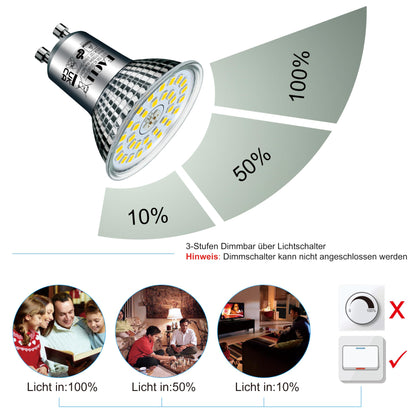 EACLL GU10 LED 5000K 10W 3-Stage Dimmable via Light Switch, 6-Pack, Daylight White 1150 Lumens Replaces 125W, 3 Brightness Levels with Memory Function, 3-in-1 Flicker-free Spotlight Bulb, Dimming without Dimmer.
