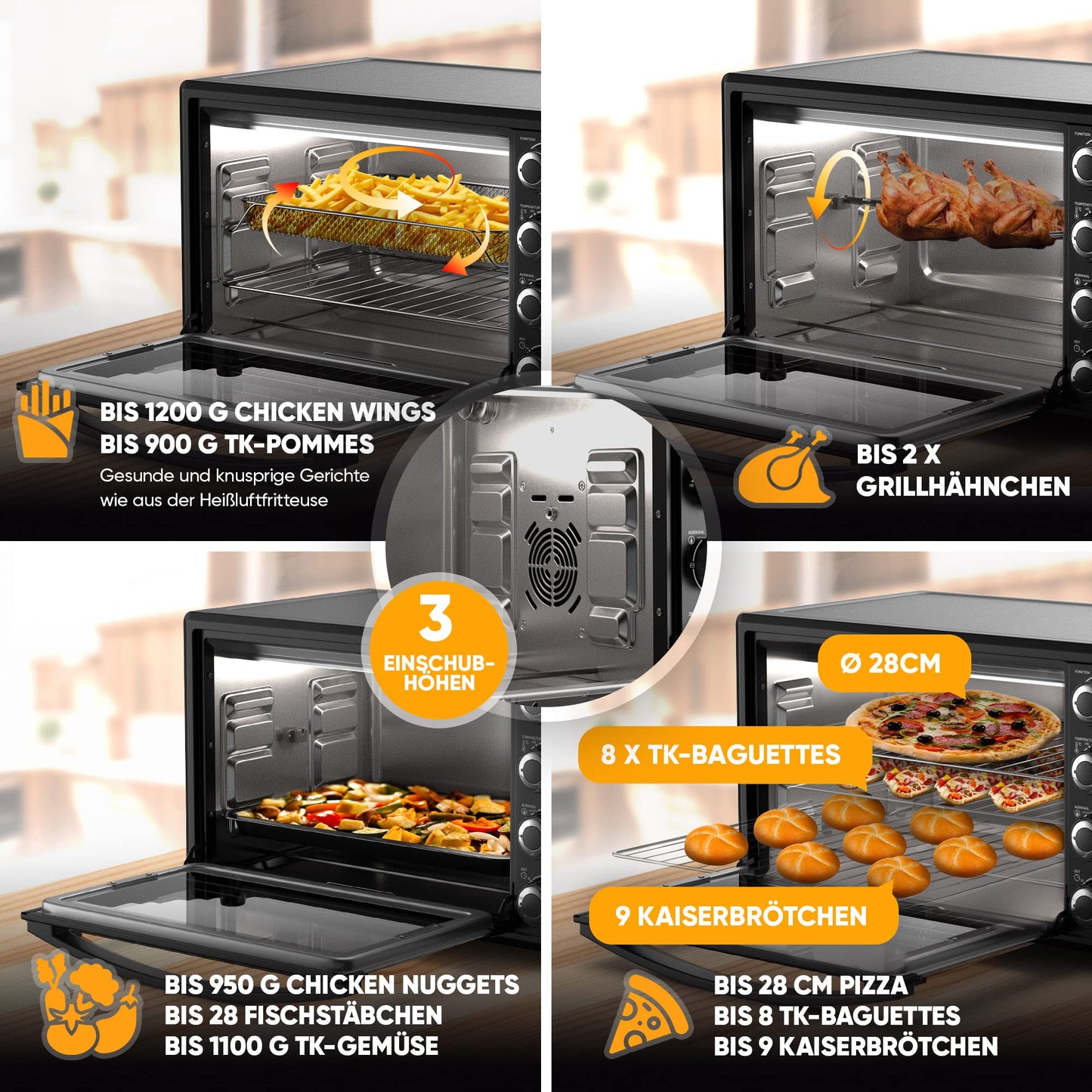 Stillstern Mini Convection Oven 35L (DE version) Pizza Ø28, CYCLONE PRO+ non-stick coating, Thawing, 2h Timer, Camping Mini Convection Oven Pizza Oven Mini Oven small Rotisserie Chicken Grill with Spit