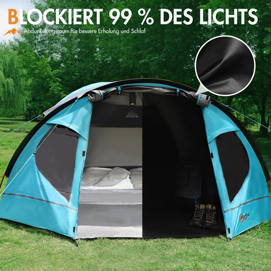 PORTAL Blackout tent for 3-4 people with front vestibule. Dome tent with 4000mm waterproof rating. Ideal for camping, traveling, festivals, and outdoor activities with family.