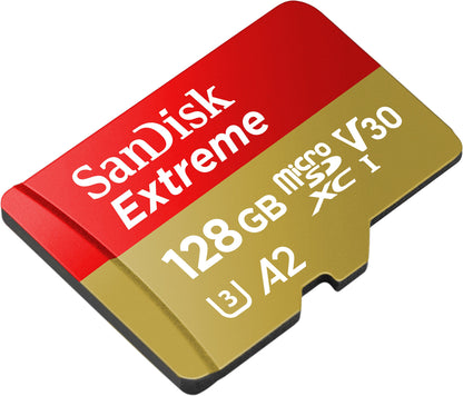 SanDisk Extreme microSDXC UHS-I Memory Card 128GB for action cams and drones + Adapter + RescuePRO Deluxe (up to 190MB/s, A2, Class 10, U3, V30)