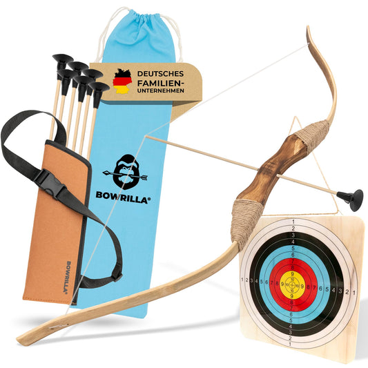 BOWRILLA® arrow and bow children's set with 6 suction cup arrows, wooden target, and quiver | Archery kids' toy for indoor and outdoor games from age 4 | For right and left-handed players.