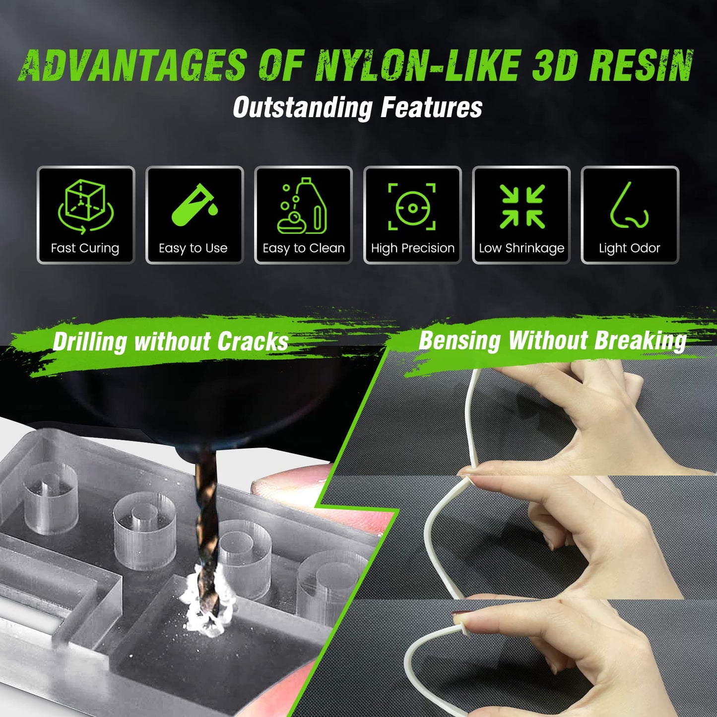 SUNLU Nylon-like 3D printing resin, high strength and durable photopolymer resin for LCD/DLP/SLA printers, 395-405nm UV curing, great for functional parts, prototypes, 1000G Grey.