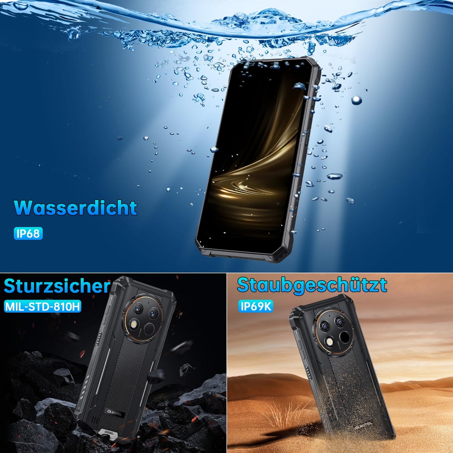 OUKITEL WP28S Outdoor Smartphone Android 14-10600mAh Outdoor Handy Ohne Vertrag, 8GB RAM + 128GB ROM Baustellenhandy 6,52 Zoll,13MP+5MP Kamera, NFC/GPS/Fingerabdruck/Face ID