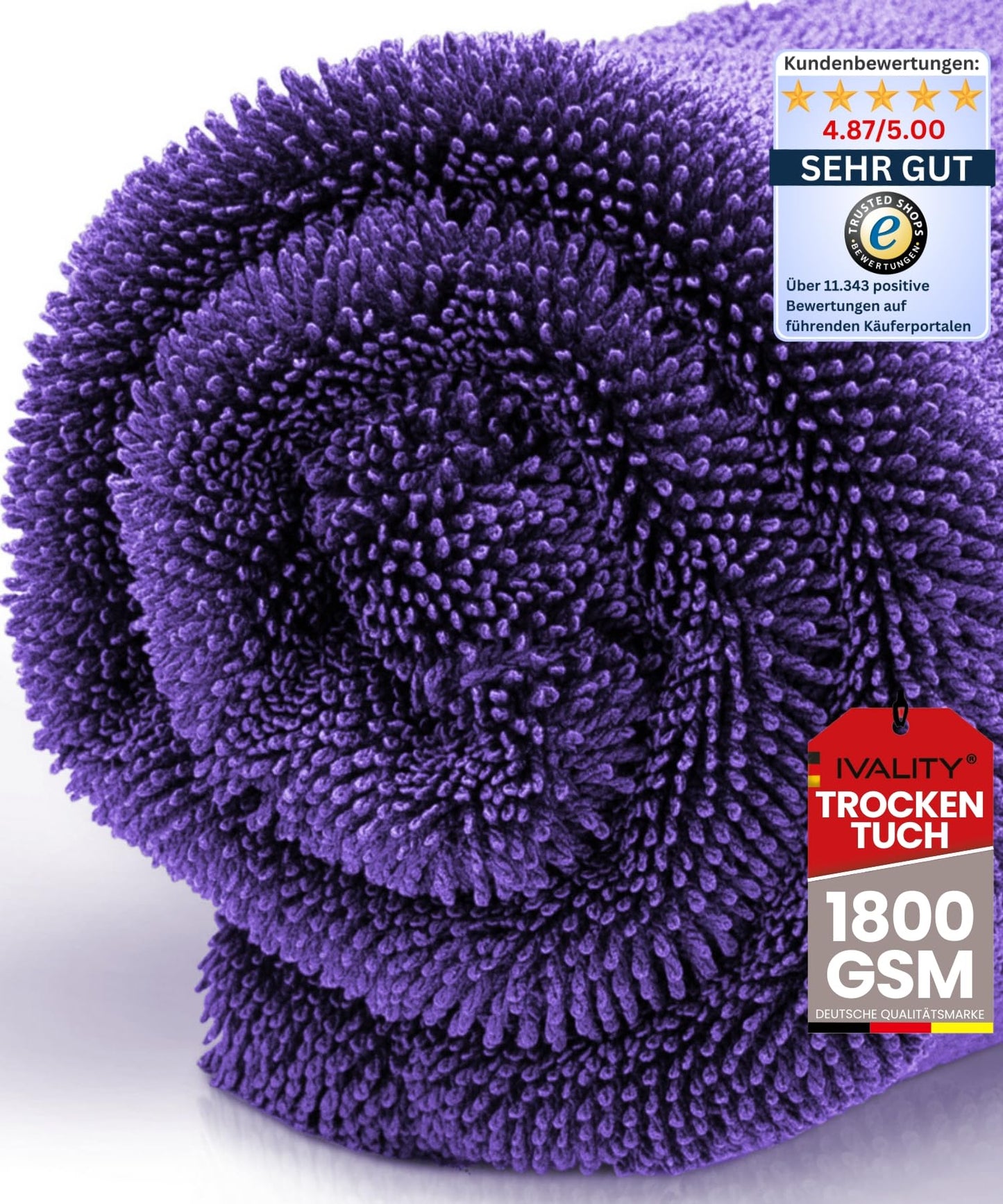 Ivality® Auto Drying Towel XXL 80x50 cm - 1800 GSM Ultra Absorbent Microfiber Towels for Car Care and Motorcycle, Lint-Free, Paint-Safe Twisted Towel Microfiber Towels - Purple