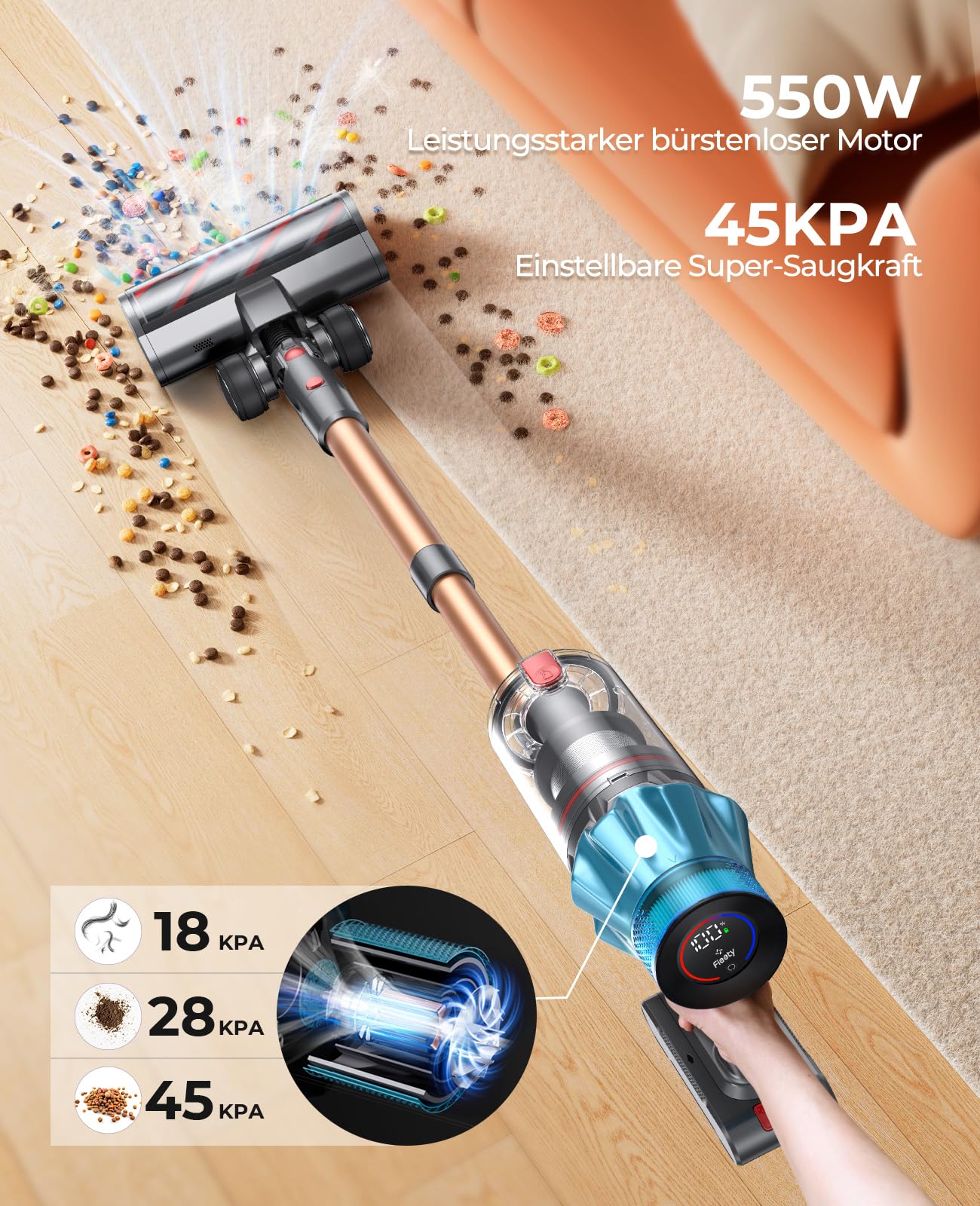 Fieety Cordless Vacuum Cleaner, 550W/45000Pa/60Mins Vacuum Cleaner with Smart Touchscreen, Vacuum Cleaner with Built-in Charging Station, Anti-Tangle Floor Brush for Hard Floors Carpets Pet Hair