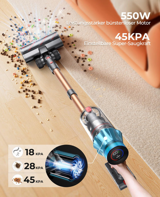Fieety Cordless Vacuum Cleaner, 550W/45000Pa/60Mins Vacuum Cleaner with Smart Touchscreen, Vacuum Cleaner with Built-in Charging Station, Anti-Tangle Floor Brush for Hard Floors Carpets Pet Hair