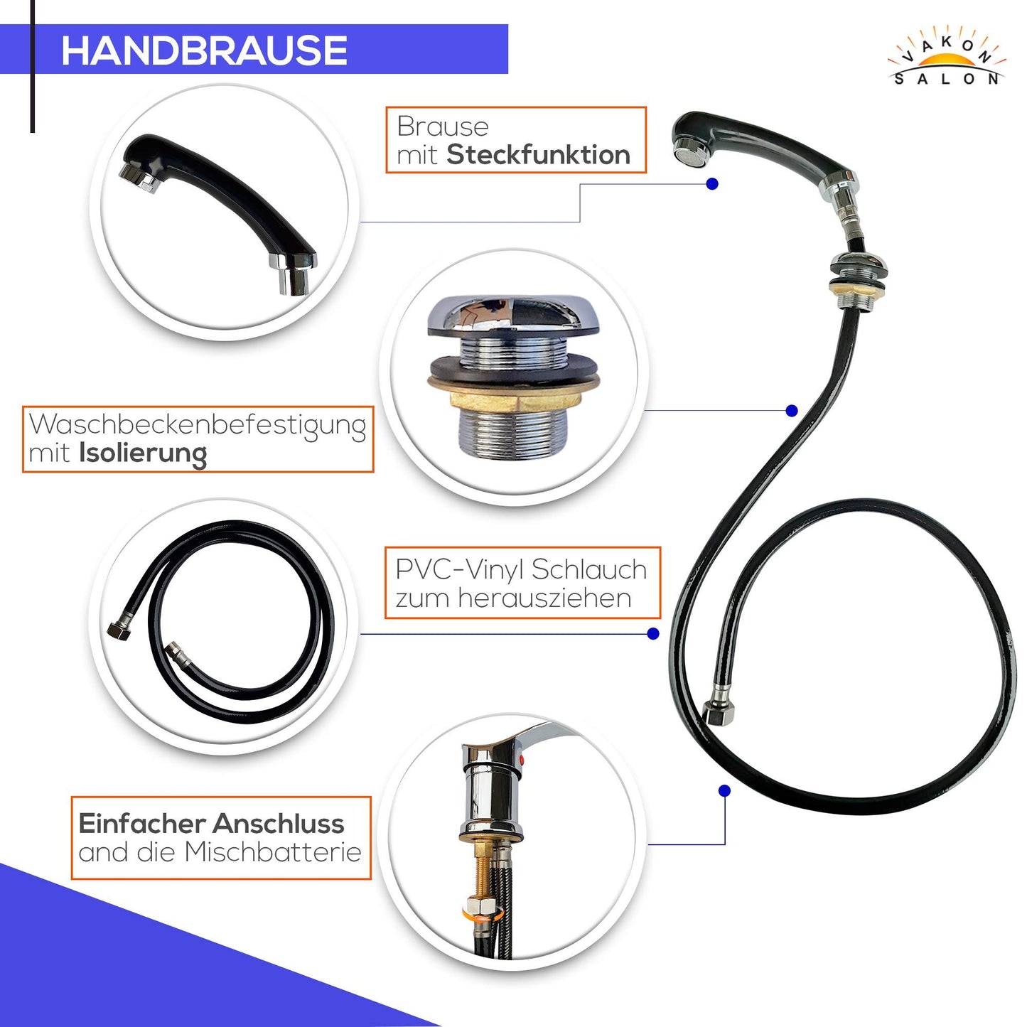 VAKON SALON - Standard single-lever mixer tap for washbasin, shower head hand shower with hose, hairdresser faucet for wash chairs and salon washing unit.