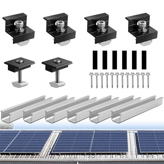 Solar panel mounting 2 module set: Photovoltaic PV mounts with 12cm aluminum rails and adjustable clamp for 30-35mm thick modules for flat roof trapezoidal sheet metal tile roof.