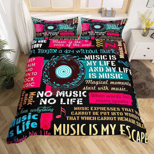 Single bed with duvet cover and 1 pillowcase, musical notes, for kids and adults, music disc, classic, 2-piece