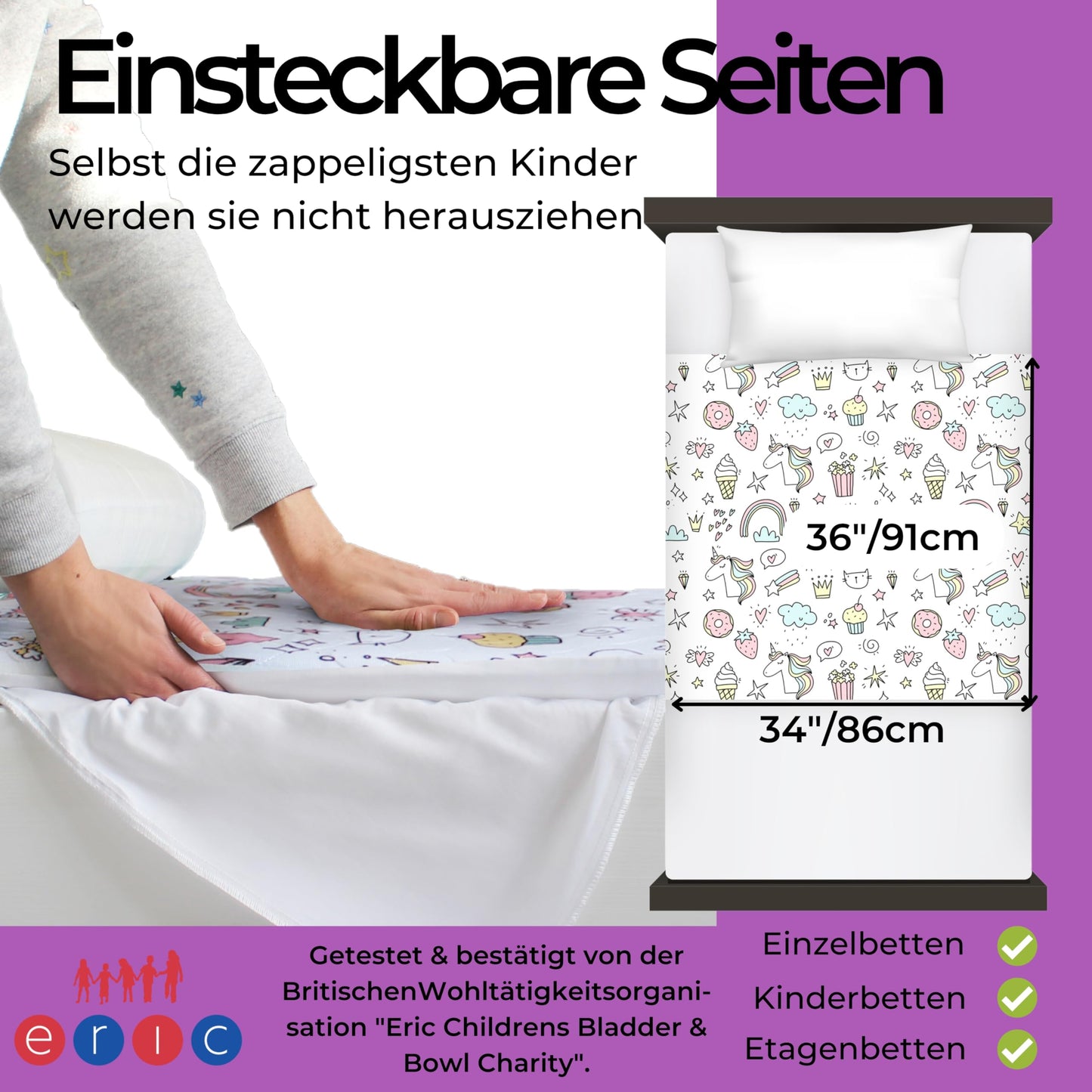 Waterproof bed pad for children | Fits single, toddler, and baby beds | Breathable, washable mattress protector for side tucking during incontinence | Mattress cover | Unicorn