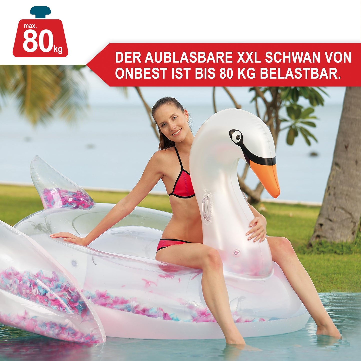 ONBEST inflatable XXXL swimming animal with feathers - 183x162x117 cm - water animal for inflating for adults & kids 14+ - highlight at pool & beach for water fun - bathing air mattress