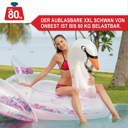 ONBEST inflatable XXXL swimming animal with feathers - 183x162x117 cm - water animal for inflating for adults & kids 14+ - highlight at pool & beach for water fun - bathing air mattress