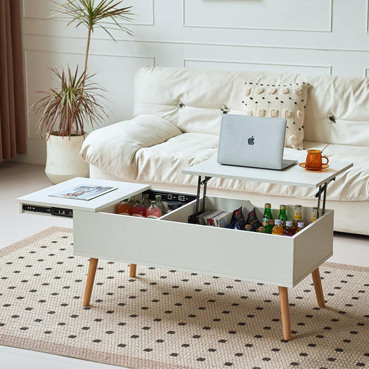 JanflyHome coffee table height adjustable with sliding plate, living room table adjustable in height, coffee tables with storage space, modern white coffee table with 2 large separate hidden storage compartments, White