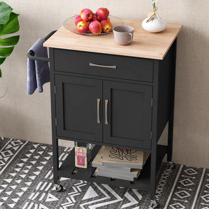 COSTWAY Kitchen Cart with Countertop, Serving Cart with Wheels, Rolling Cart with Drawer & 2-door Cabinet & Bottom Tray & Towel Holder, Kitchen Island for Kitchen, Dining Room, and Bar (Black)
