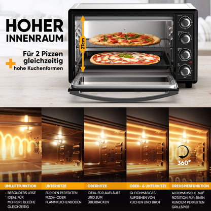 Stillstern Mini Convection Oven 35L (DE version) Pizza Ø28, CYCLONE PRO+ non-stick coating, Thawing, 2h Timer, Camping Mini Convection Oven Pizza Oven Mini Oven small Rotisserie Chicken Grill with Spit