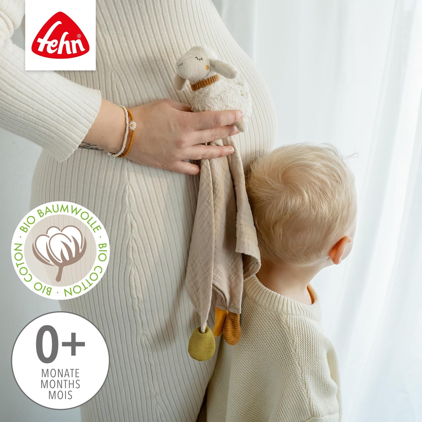 Fehn Cuddle Cloth Sheep Nature - Playmate & cuddly toy comfort blanket made of organic cotton - with pacifier attachment for babies & toddlers from 0+ months.