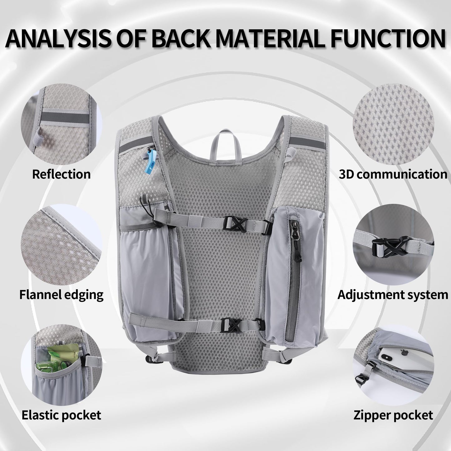 Running vest for women and men, adjustable running vest with 1500ml water bottle, 5L reflective running pack with phone holder, suitable for outdoor runs, jogging, hiking, cycling.