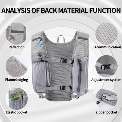 Running vest for women and men, adjustable running vest with 1500ml water bottle, 5L reflective running pack with phone holder, suitable for outdoor runs, jogging, hiking, cycling.
