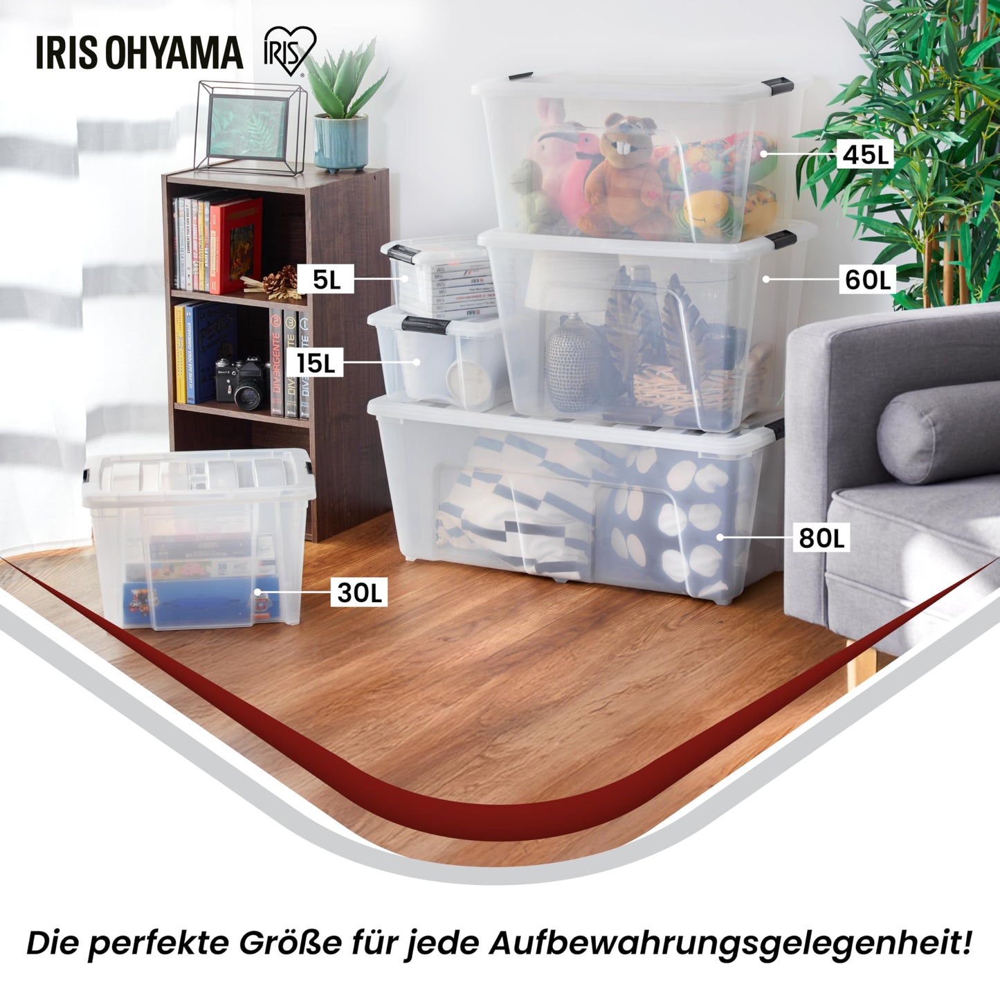 Iris Ohyama storage boxes with lids, 30L, 3-pack, Transparent, Secure closure, Stackable, Handles, Bedroom, Closet, Office, Organization, BPA-free plastic, Storage containers, HB-30