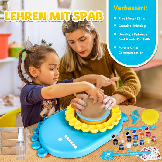 IEEILULU pottery set for kids, electric pottery wheel for kids, mini pottery wheel with clay, colors, diamond stickers, pottery set DIY pottery craft kit gifts for girls (dinosaur)