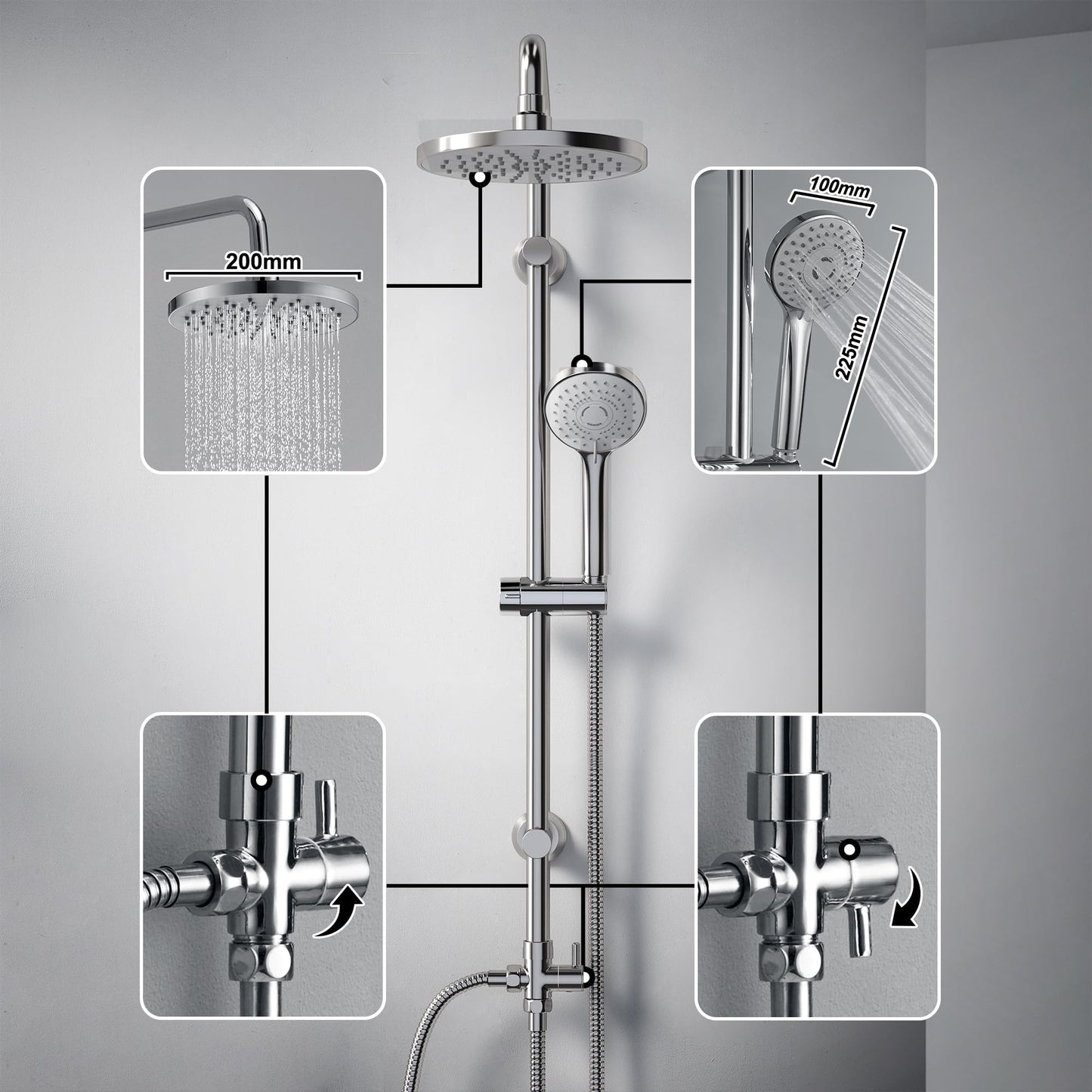 JOHO Stainless Steel Shower System Shower Set Shower Rod Rain Shower Set with ABS Shower Head D20cm