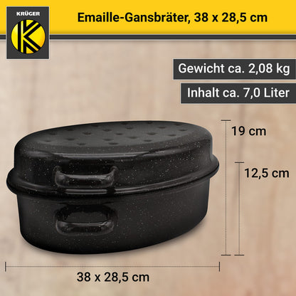 Krüger enameled goose roaster with drip lid - high-quality roaster - suitable for all stove types - excellent for roasts and poultry (enamel - black-white speckled (38 x 28.5 cm))