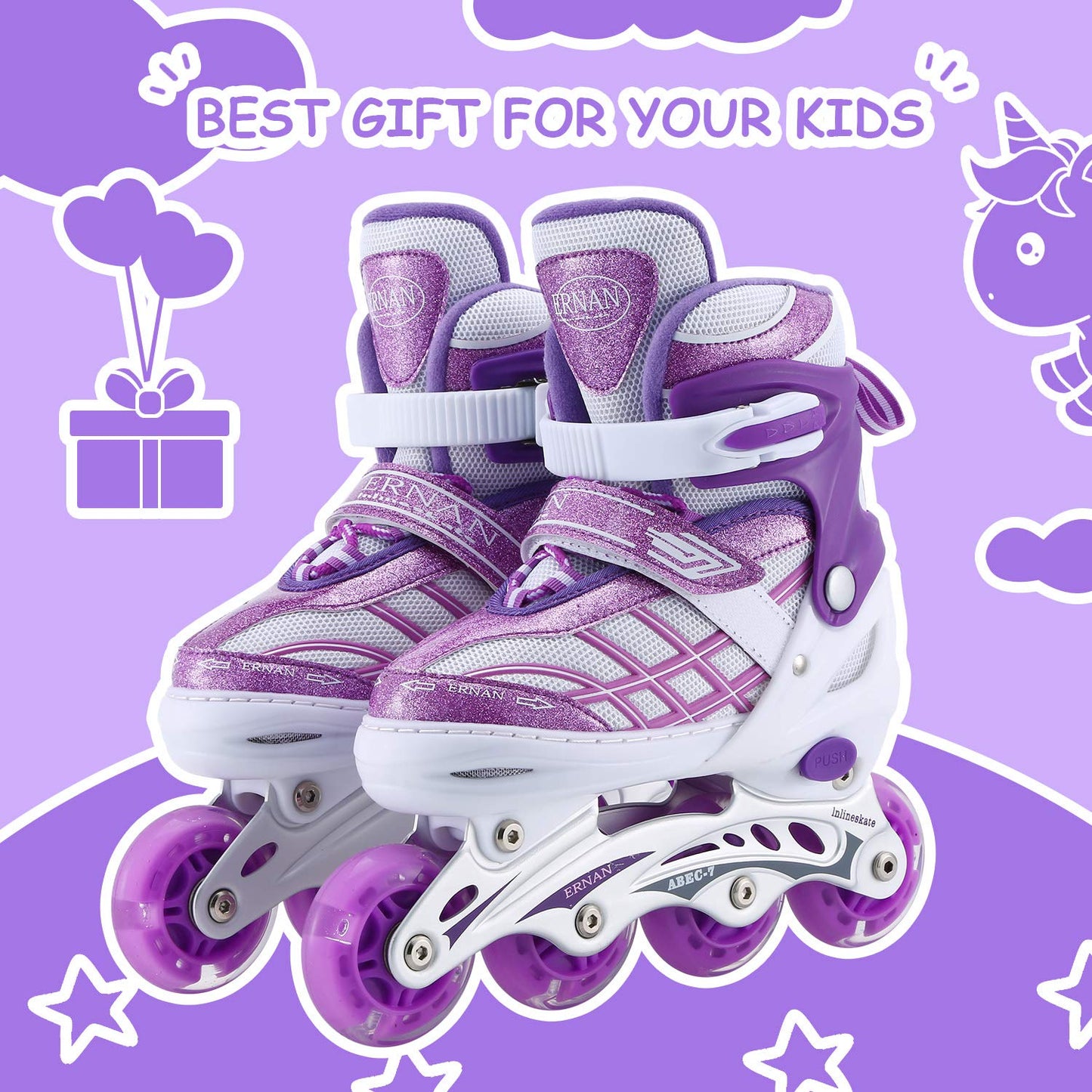 Girls' adjustable 4-size inline skates with all glowing wheels for kids girls (Purple, S (EU28-32))