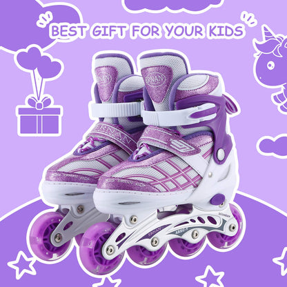 Girls' adjustable 4-size inline skates with all glowing wheels for kids girls (Purple, S (EU28-32))