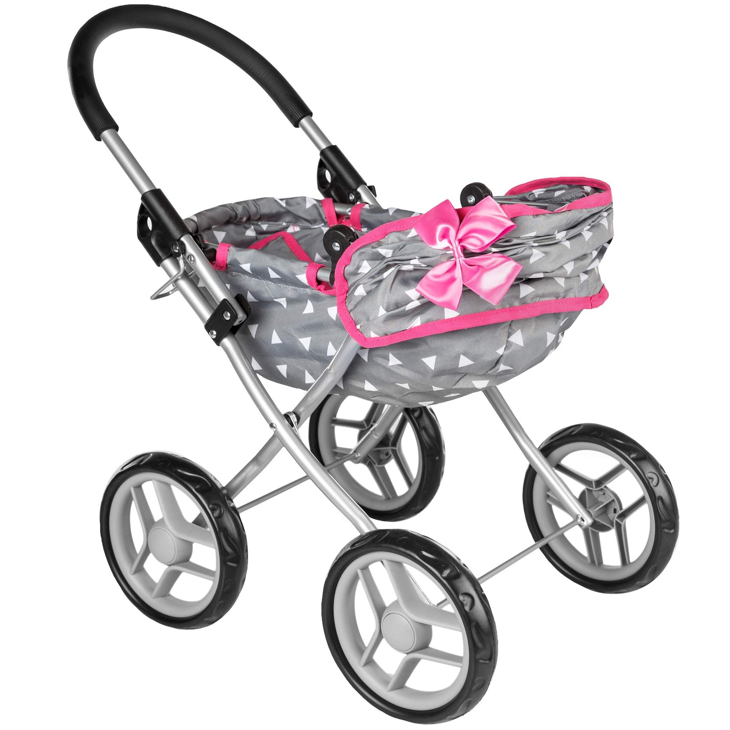 Children's play doll's pram - Lightweight & sturdy with aluminum frame - For dolls up to 40 cm, Indoors & Outdoors - Foldable with canopy & basket, Handle height 54 cm - Gray
