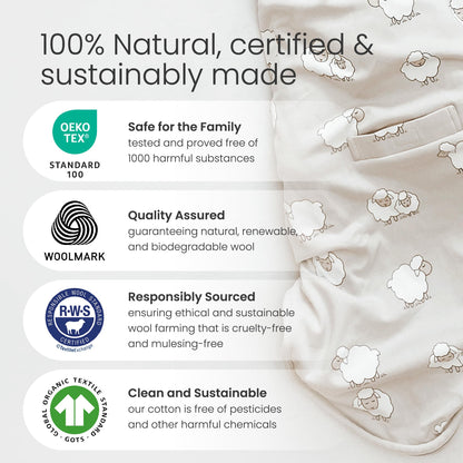 Woolino 4 Season Baby Sleeping Bag - Ultimate sleeping bag made from Merino wool - Two-way zipper adjustable Universal Size (2-24 months), Earth