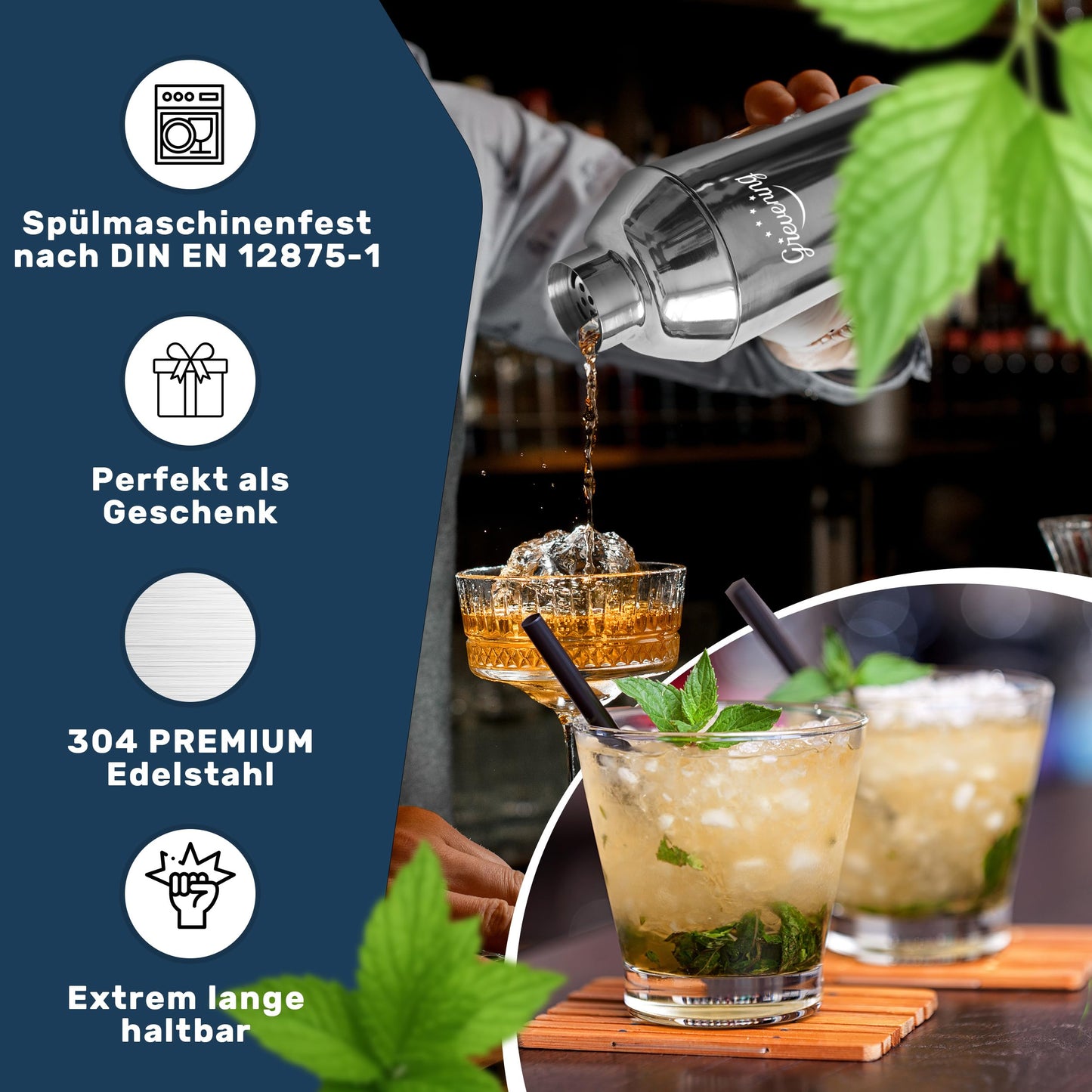 Grevening® [AWARD WINNER] 16-piece Stainless Steel Cocktail Shaker Set in a practical and elegant wooden box, great gift packaging with recipe book for beginners and professional bartenders, 304 Premium Stainless Steel