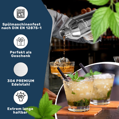 Grevening® [AWARD WINNER] 16-piece Stainless Steel Cocktail Shaker Set in a practical and elegant wooden box, great gift packaging with recipe book for beginners and professional bartenders, 304 Premium Stainless Steel